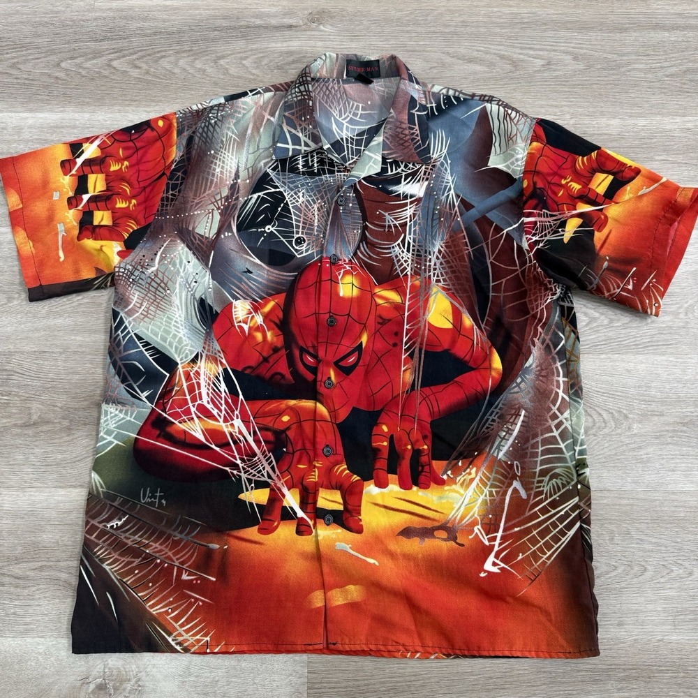 Vintage Spiderman Pattern Button Up Shirt Rare All Over Print Comics Y2K Mens XL